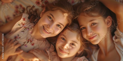 Three young girls are laying on their stomachs and smiling at the camera. The girls are wearing pink shirts and appear to be enjoying their time together