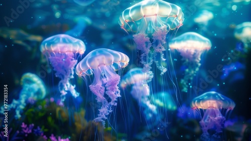 Ethereal Jellyfish Dancers Swaying in the Enchanting Depths of the Bioluminescent Ocean © Mickey