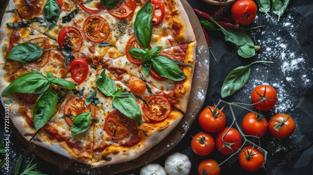 Freshly Baked Italian-Style Pizza with Vibrant Toppings on a Wooden Surface