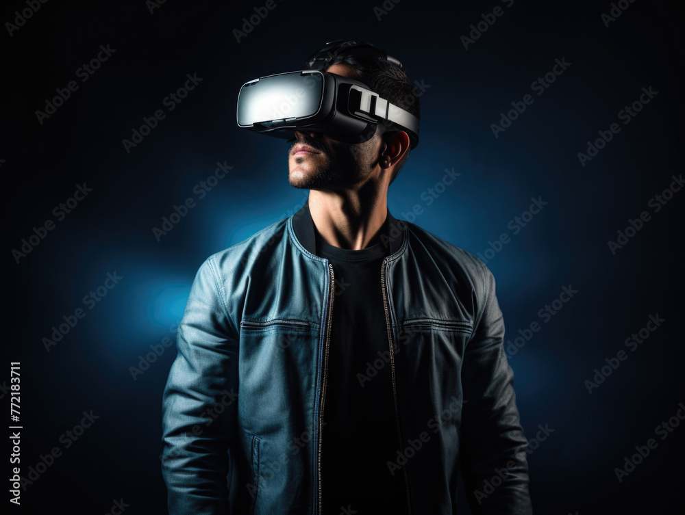 A man wearing a blue jacket and a black shirt is wearing a virtual reality headset. Concept of excitement and adventure, as the man is about to embark on a virtual journey