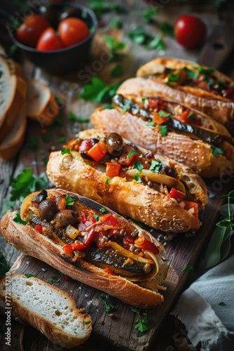 A plate of hot dogs with vegetables and bread. The hot dogs are on a wooden board and there are several of them