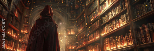Hooded figure surrounded by shelves of ancient books in a dimly lit magical library