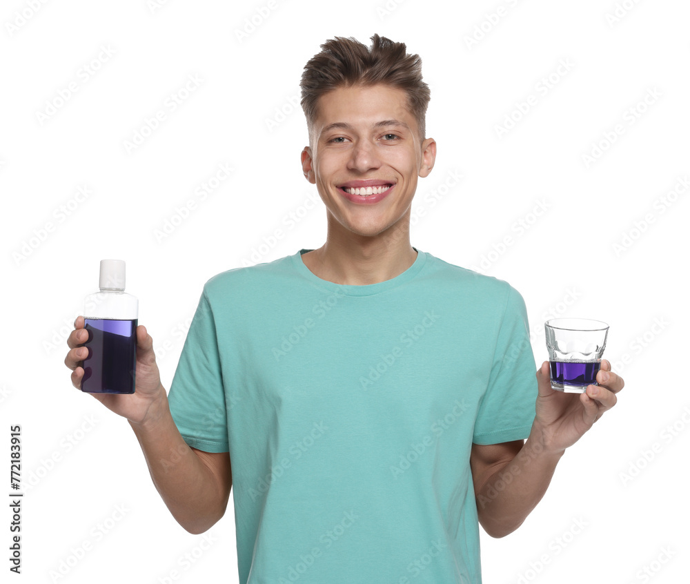 Young man with mouthwash on white background Young man with mouthwash on white background