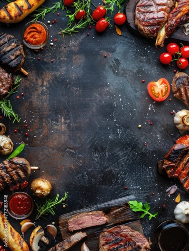 A table full of food including meat, vegetables, and condiments. The table is surrounded by a black background
