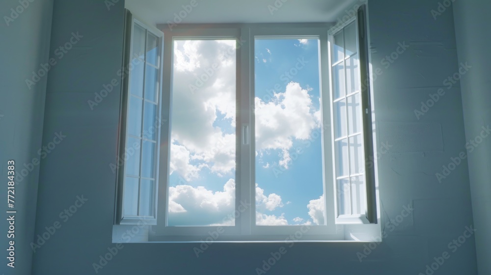 A window with a clear blue sky and white clouds. The sun is shining through the window, creating a warm and inviting atmosphere