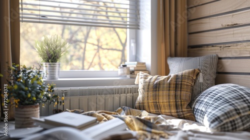 Notebooks, pillows and blankets on the windowsill.AI generated image photo