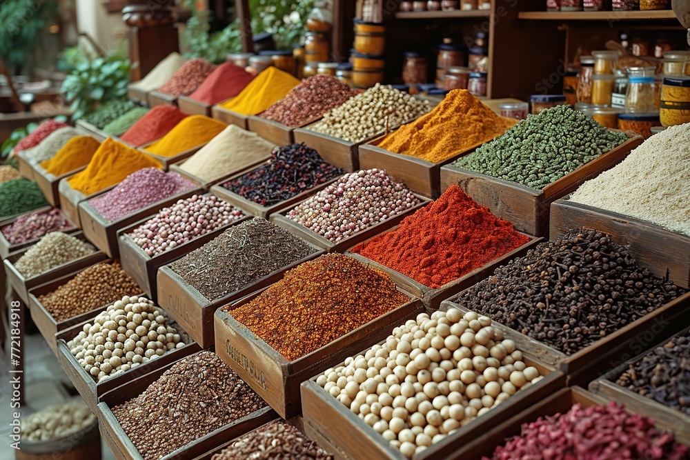 Spice Market Aromas A spice market with colorful displays of exotic spices and herbs