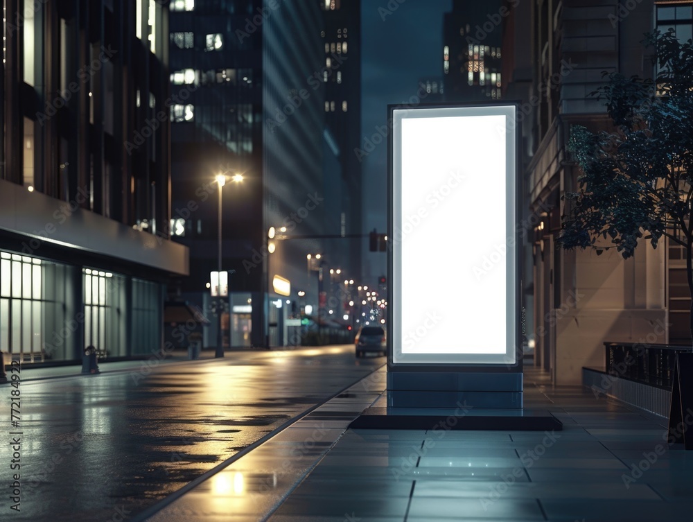 A large white billboard sits on a city street at night. The billboard is empty, but the city lights and the wet pavement create a moody atmosphere