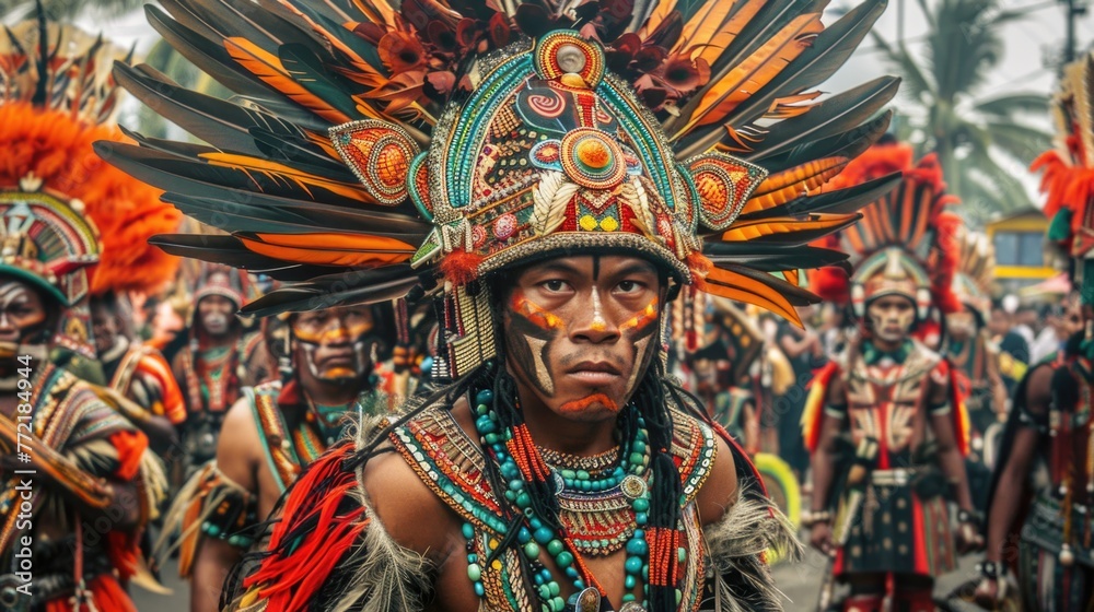 A man wearing a colorful headdress and a necklace stands in front of a crowd. Concept of celebration and cultural pride