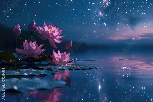 A beautiful image of a pond with three pink flowers floating on the water. The flowers are surrounded by a calm and serene atmosphere  with the water reflecting the stars in the sky