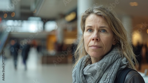 A woman with gray hair and a scarf on her neck is standing in a mall. She looks sad and is staring off into the distance