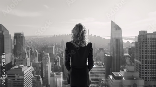 A woman in a business suit stands on a rooftop looking out over a city. Concept of ambition and determination, as the woman is dressed for success and looking out over the bustling metropolis