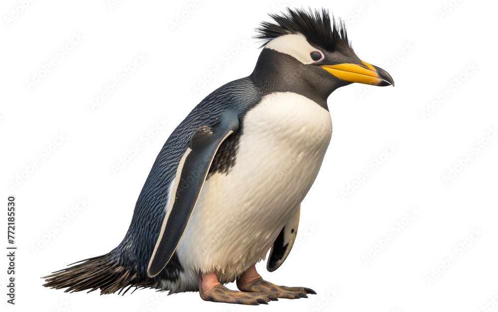 Obraz premium A penguin with a vibrant yellow beak stands gracefully against a backdrop of ice