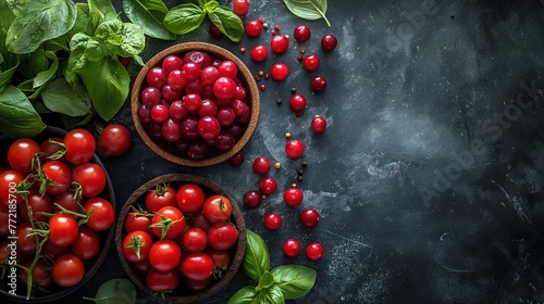 top view fresh and healthy superfoods ingredients, tasty beautiful food preparation scene, cranberry, tomato, basil leaves, stone board, Generative Ai
