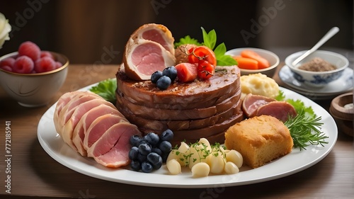 meat with vegetables Gourmet food dish, meat plate, cake, and specialty meal wife