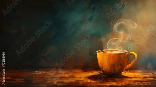An artistically rendered image of a steaming coffee cup on a dark, textured background with warm lighting, evoking a sense of mystery and comfort.