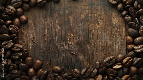A border of rich coffee beans frames an empty space on a dark wooden table, offering a perfect background for coffee-themed design and text. © Arunrat