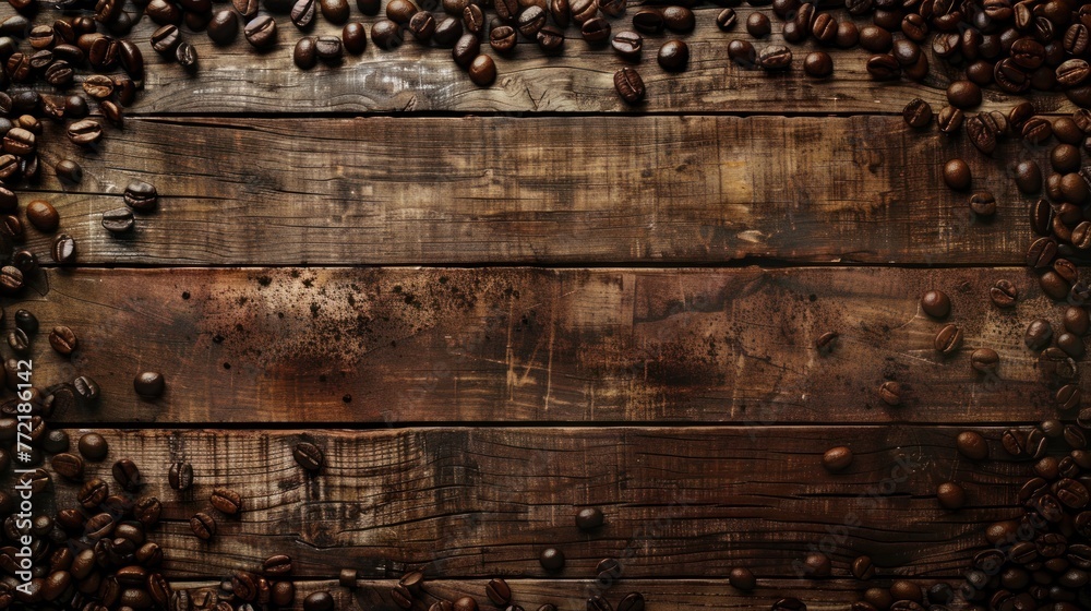Dark roasted coffee beans scatter over the edges of a rustic wooden table, creating an ideal frame for a rich, textured coffee background. - obrazy, fototapety, plakaty 
