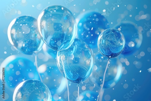 A bunch of blue balloons floating in the air. The balloons are clear and shiny  and they are scattered all over the sky. The scene gives off a festive and joyful mood