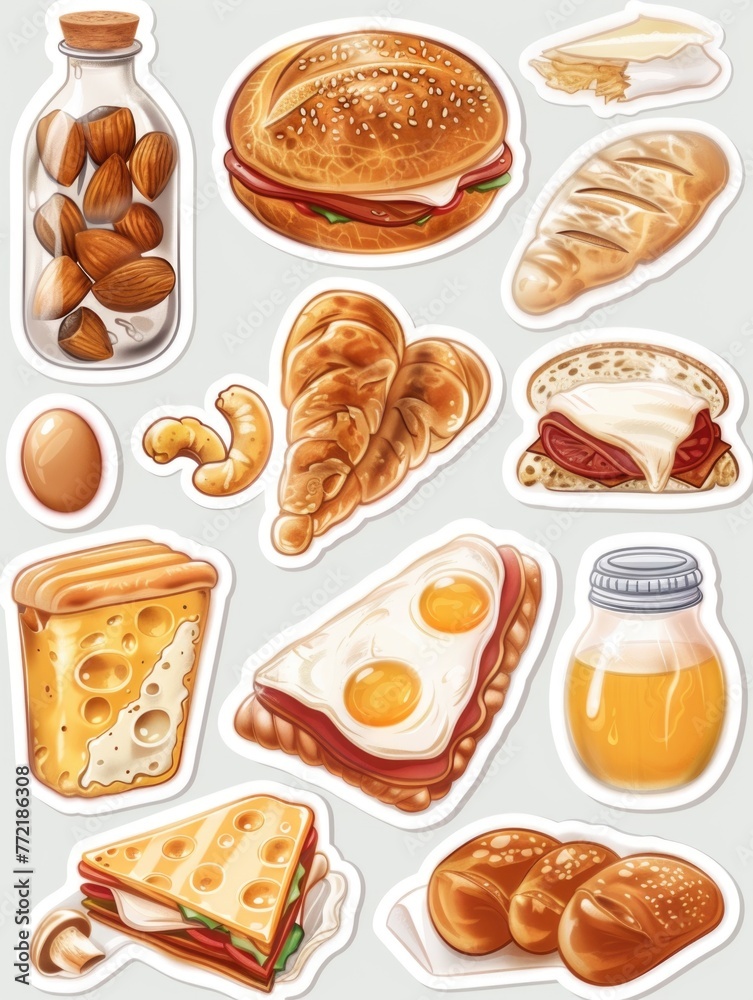 A collection of food items including sandwiches, eggs, and bread. Scene is casual and inviting A collection of food items including sandwiches, eggs, and bread. Scene is casual and inviting