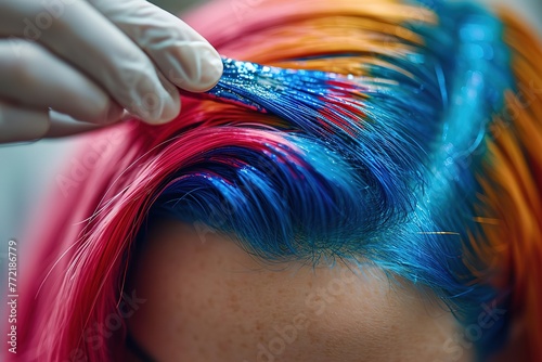 Vibrant Hair Dye Application A stylist applying vibrant hair dye during a hair color transformation
