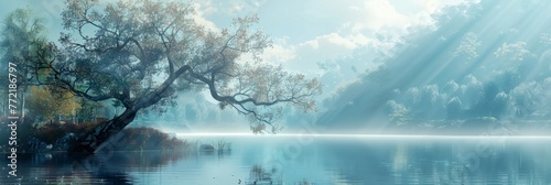 Tranquil Misty Lakeside Tree Reflecting in Calm Waters under Dramatic Cloudy Sky