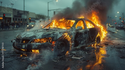 A car accident ignites a fire on a crowded highway. Wrecked and burning cars spread out on the road.