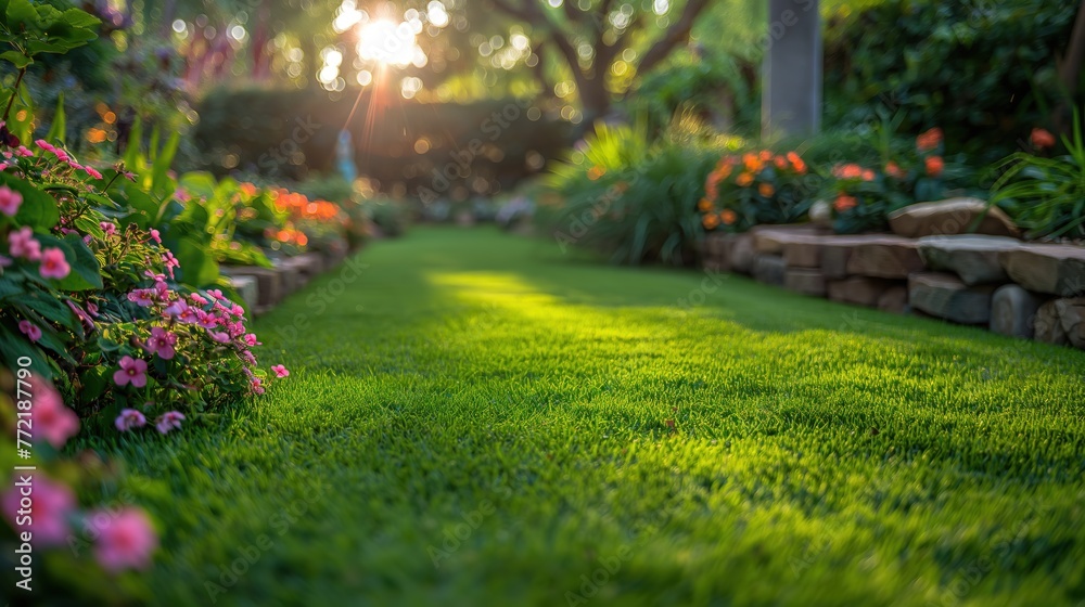 Obraz premium green grass field with flower bed in spring time, home backyard springtime flower bed gardening concept, tranquil sustainable, generative Ai