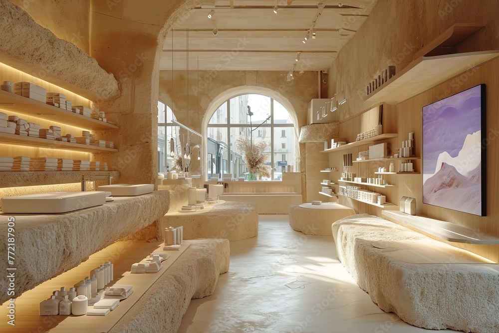 Visualize a sustainable fashion brand's flagship store, featuring ...
