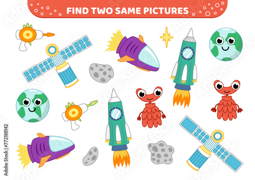 Satellite, spaceship, meteor, Earth. Find two same pictures. Game for children. Cartoon, vector