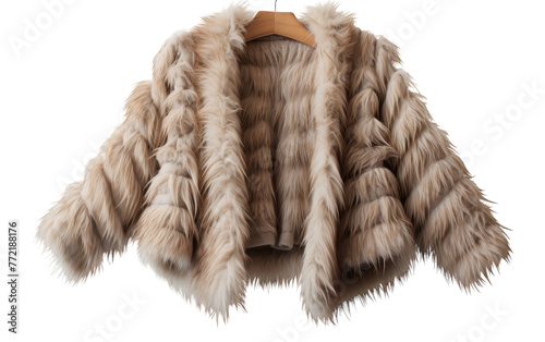 A luxurious fur coat drapes gracefully over a rustic wooden hanger