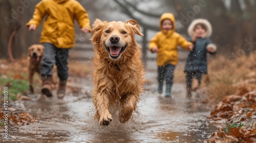 Cheerful dog playing with children in rainy weather, running through puddles