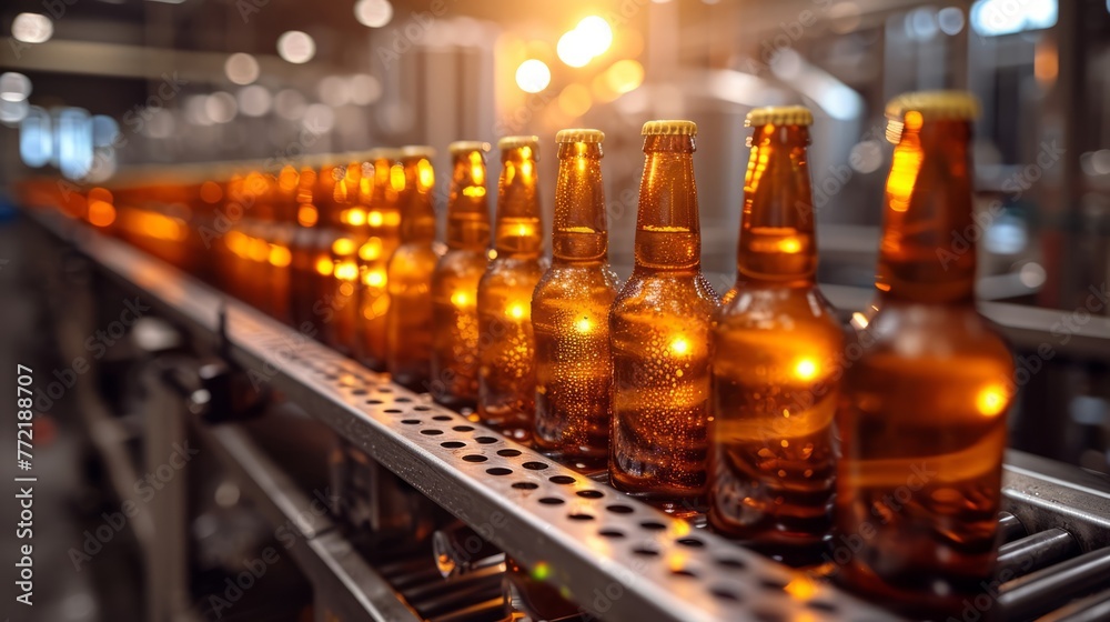 Close-up view of beer bottles moving on conveyor belt in brewery production line