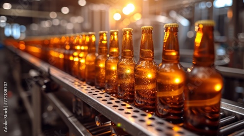 Close-up view of beer bottles moving on conveyor belt in brewery production line