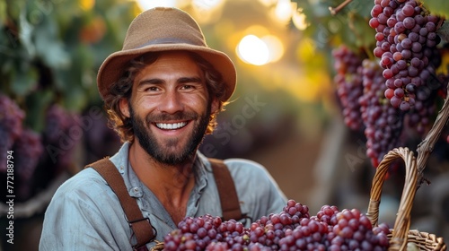 A youthful farmer relishes a successful grape harvest, grasping a wicker basket brimming with freshly picked, ripe fruits, exuding satisfaction.