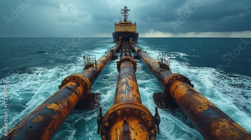 A close-up image of subsea oil pipelines transporting petroleum products in maritime and coastal areas. The pipelines are submerged under the water, with the ocean visible in the background.