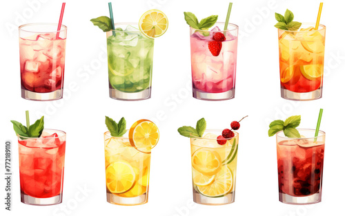 Various glasses filled with different colored beverages, creating a vibrant and eclectic display