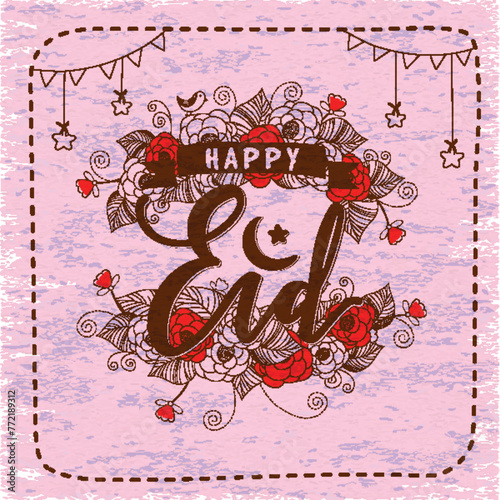Colourful floral design decorated greeting card with hanging Stars for Muslim Community Festival, Eid Mubarak celebration.