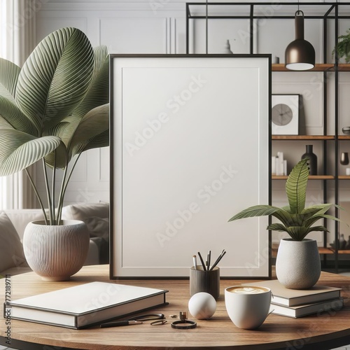 Mockup poster frame close up in interior background, 3d render. Background for business