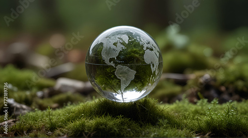Crystal globe placed on moss. ESG icon. Concept for environment. Society and Governance sustainable global environment concept.generative.ai