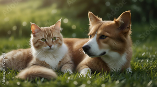 cute dog and cat lying together on a green grass field nature in a spring sunny background.generative.ai