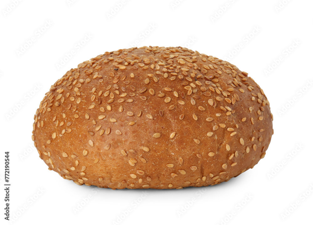One fresh hamburger bun with sesame seeds isolated on white One fresh hamburger bun with sesame seeds isolated on white