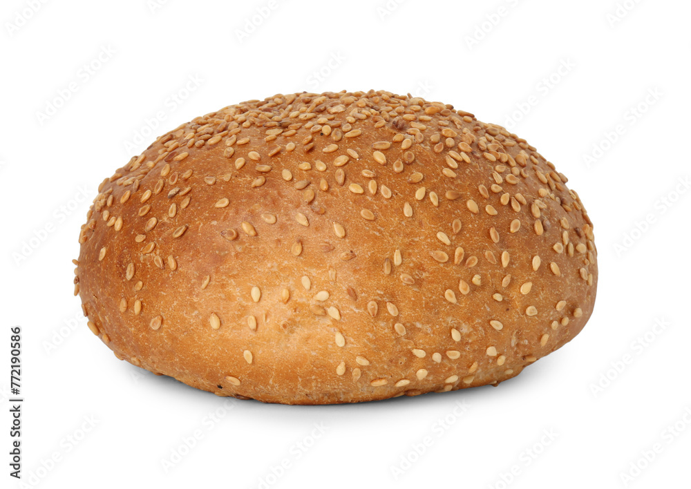 One fresh hamburger bun with sesame seeds isolated on white One fresh hamburger bun with sesame seeds isolated on white