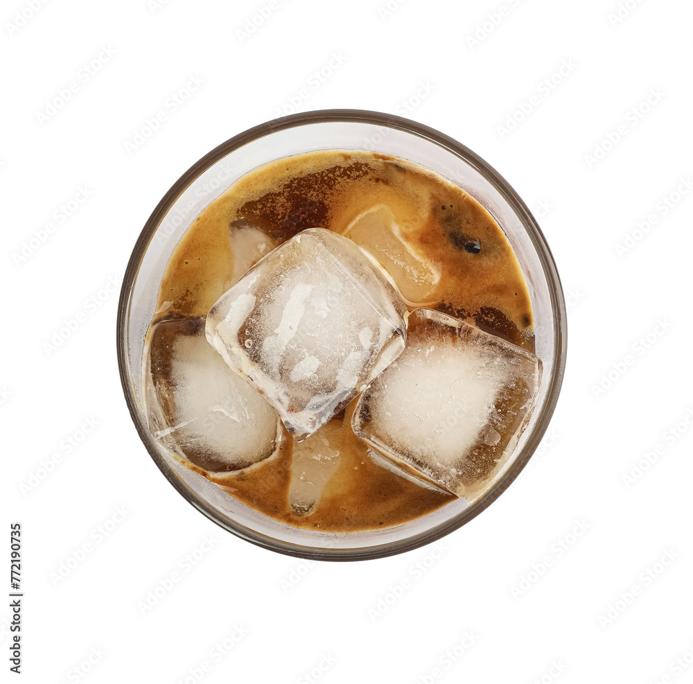 Iced coffee in glass on white background, top view - obrazy, fototapety, plakaty 