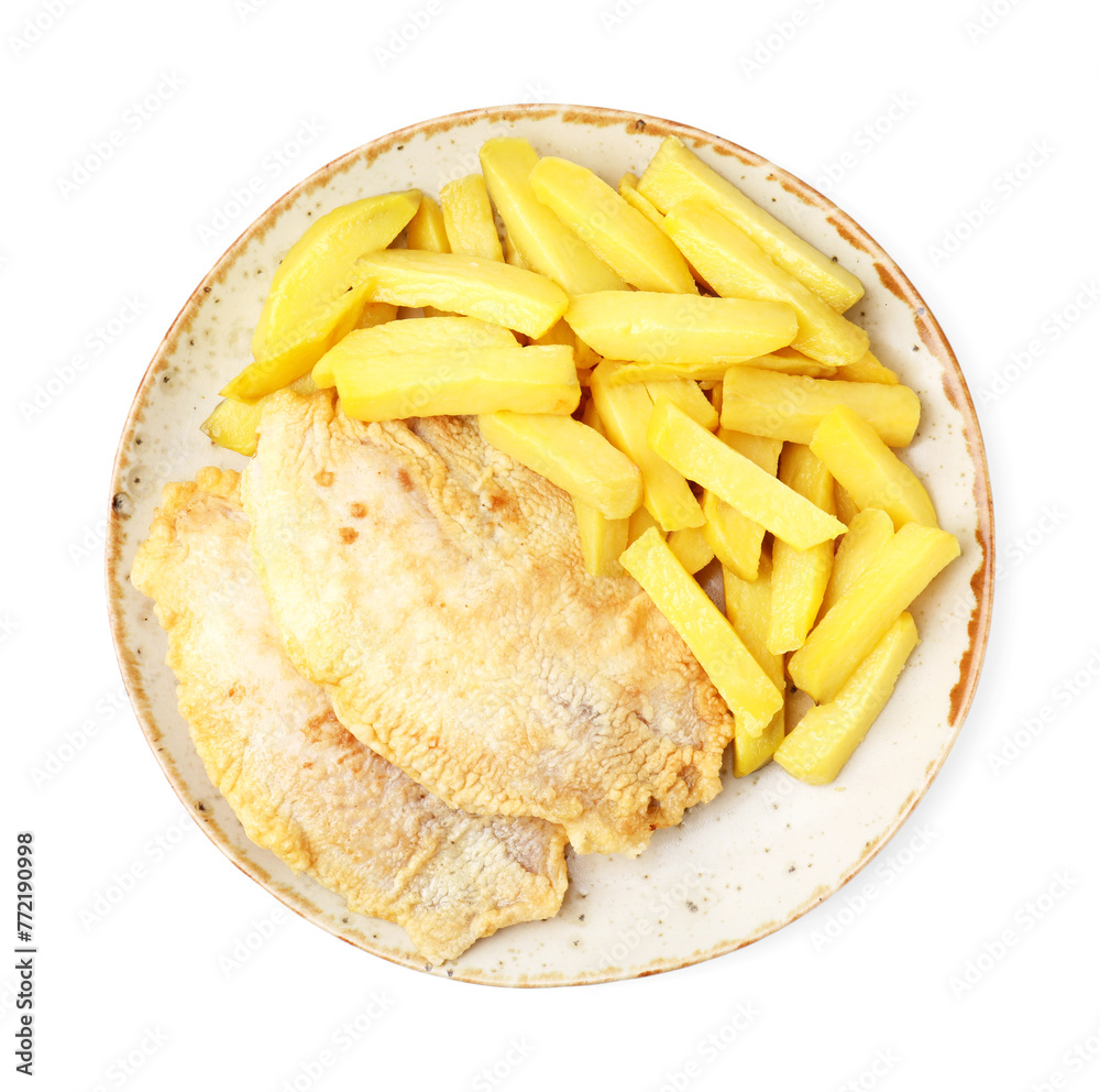 Delicious fish and chips isolated on white, top view Delicious fish and chips isolated on white, top view