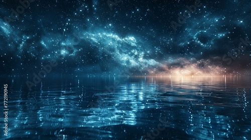 Illustrate the peaceful beauty of a starry night reflected in calm waters