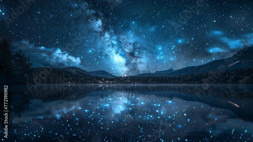 Illustrate the peaceful beauty of a starry night reflected in still waters