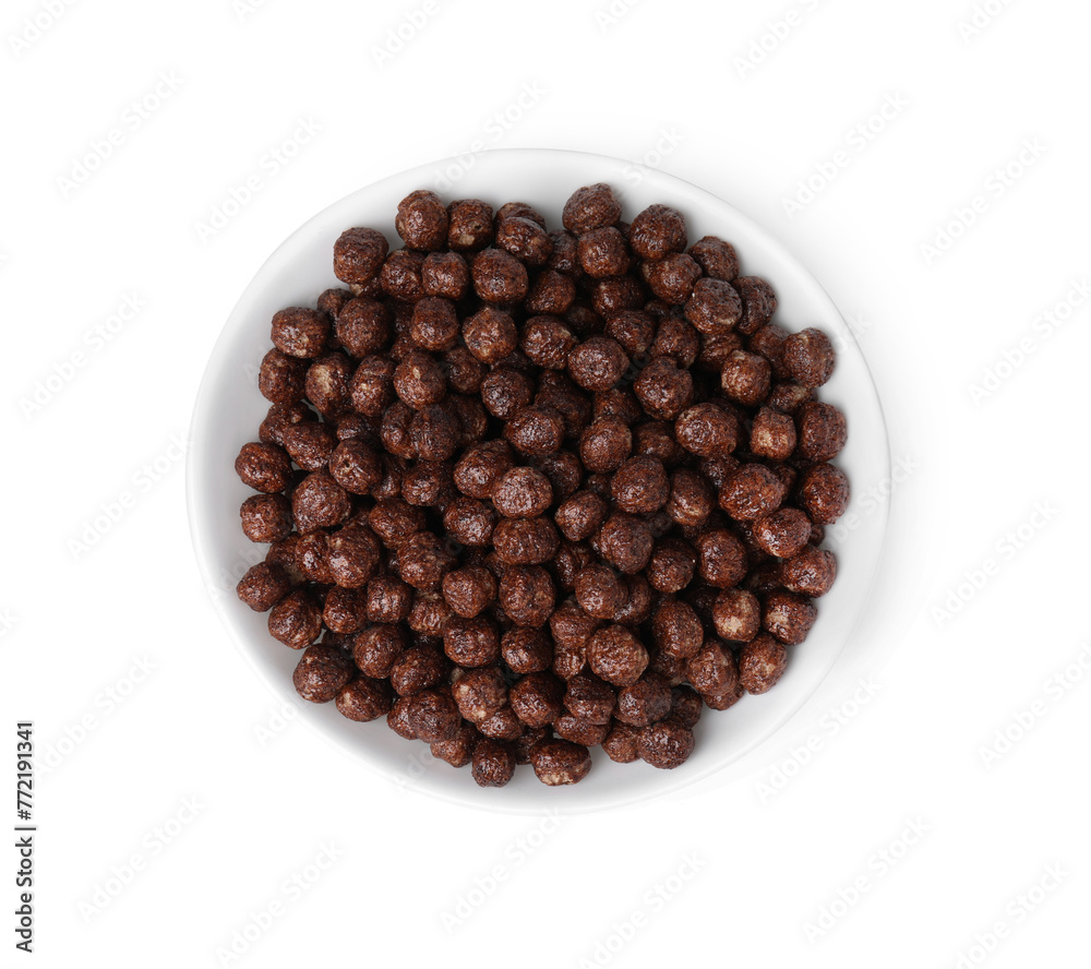 Chocolate cereal balls in bowl isolated on white, top view Chocolate cereal balls in bowl isolated on white, top view