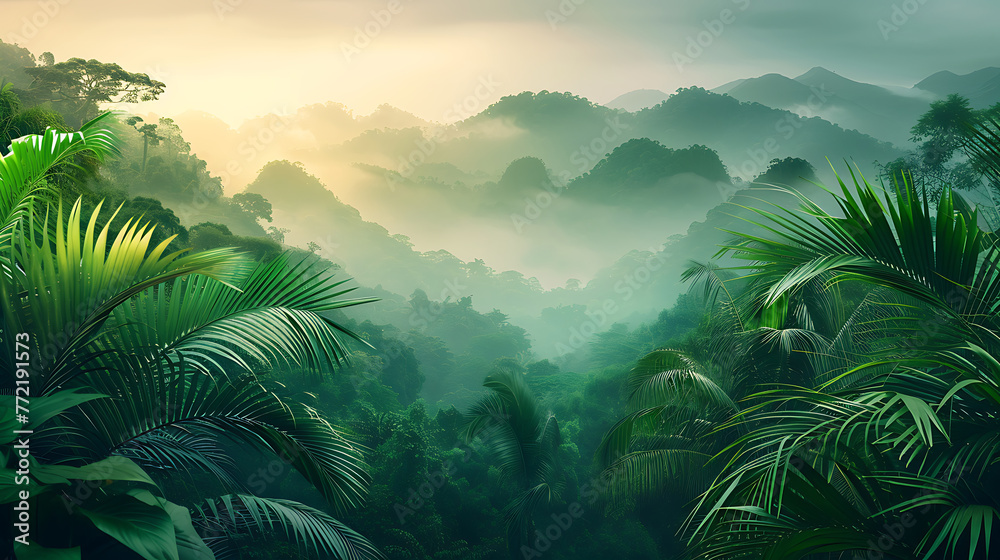 Lush green tropical rainforest landscape with misty mountains at dawn, cut out. Generative Ai