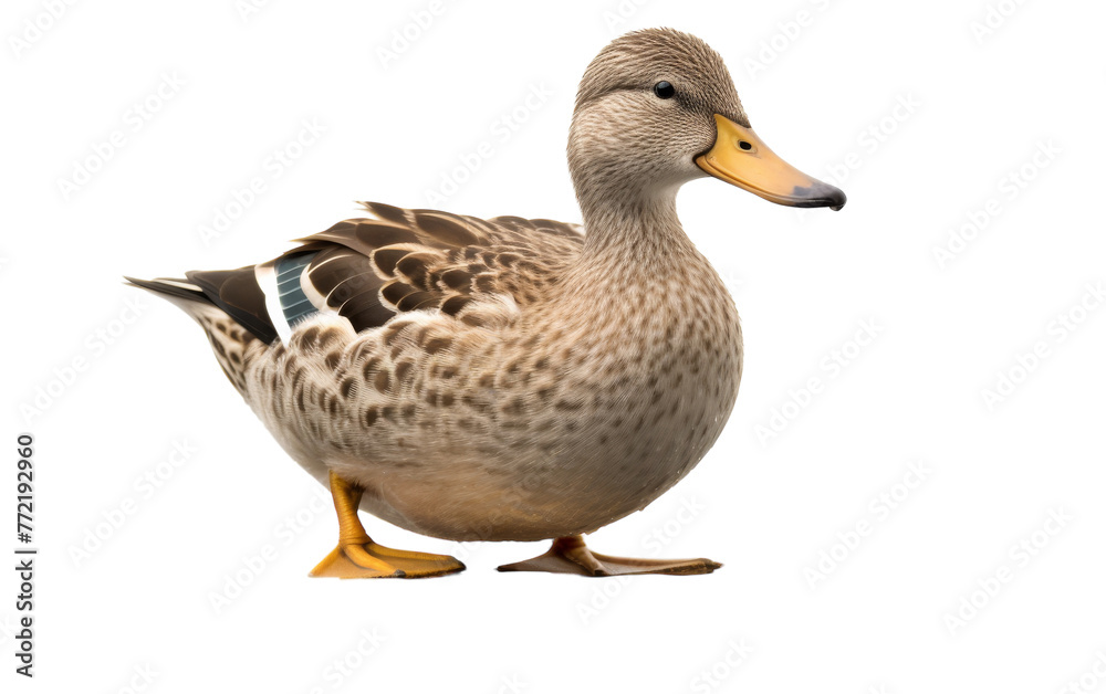 A graceful duck stands in solitude on a pristine white expanse A graceful duck stands in solitude on a pristine white expanse